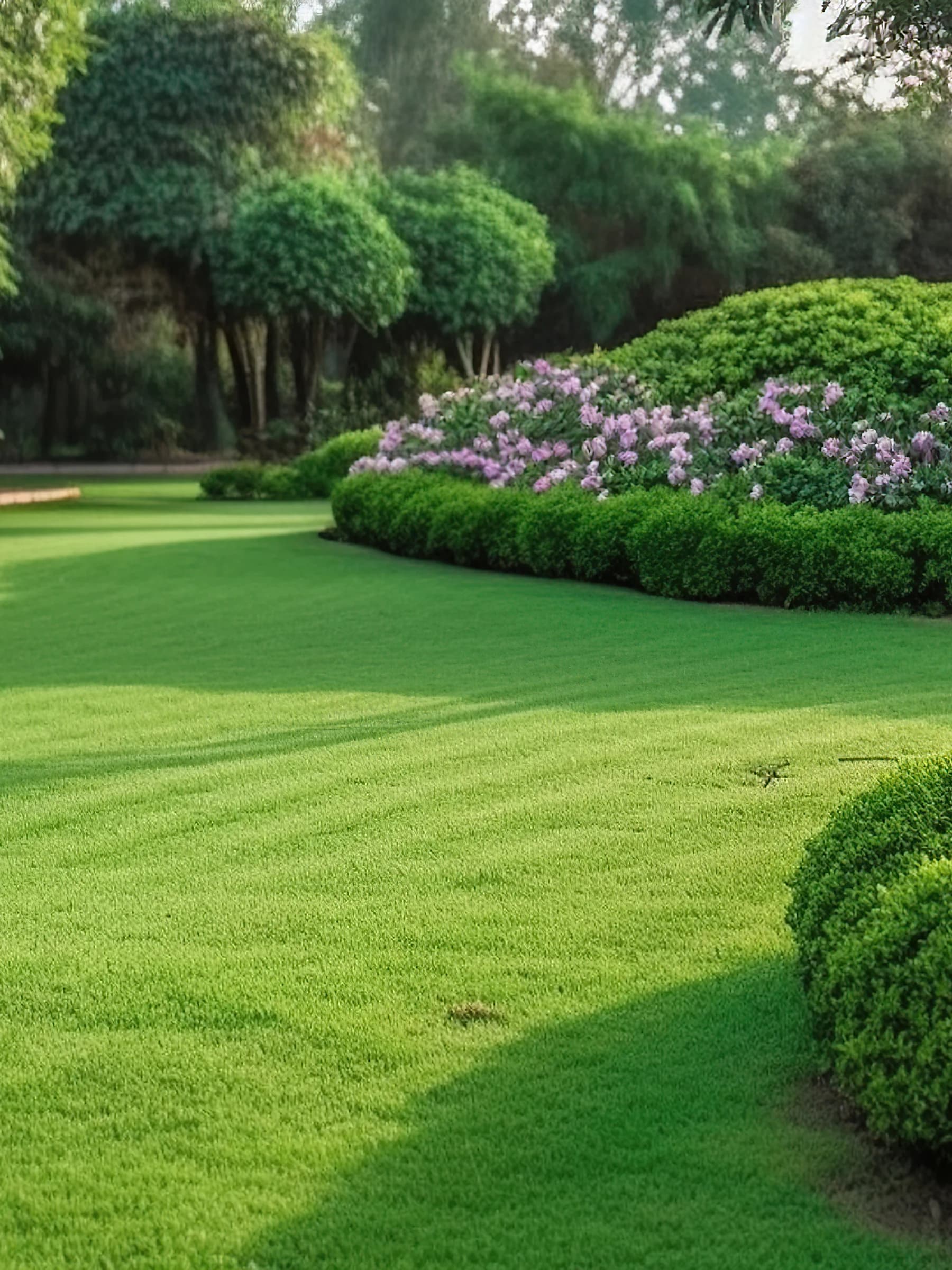 A broad striped lawn curving past clipped round shrubs and a flowering hedge bed