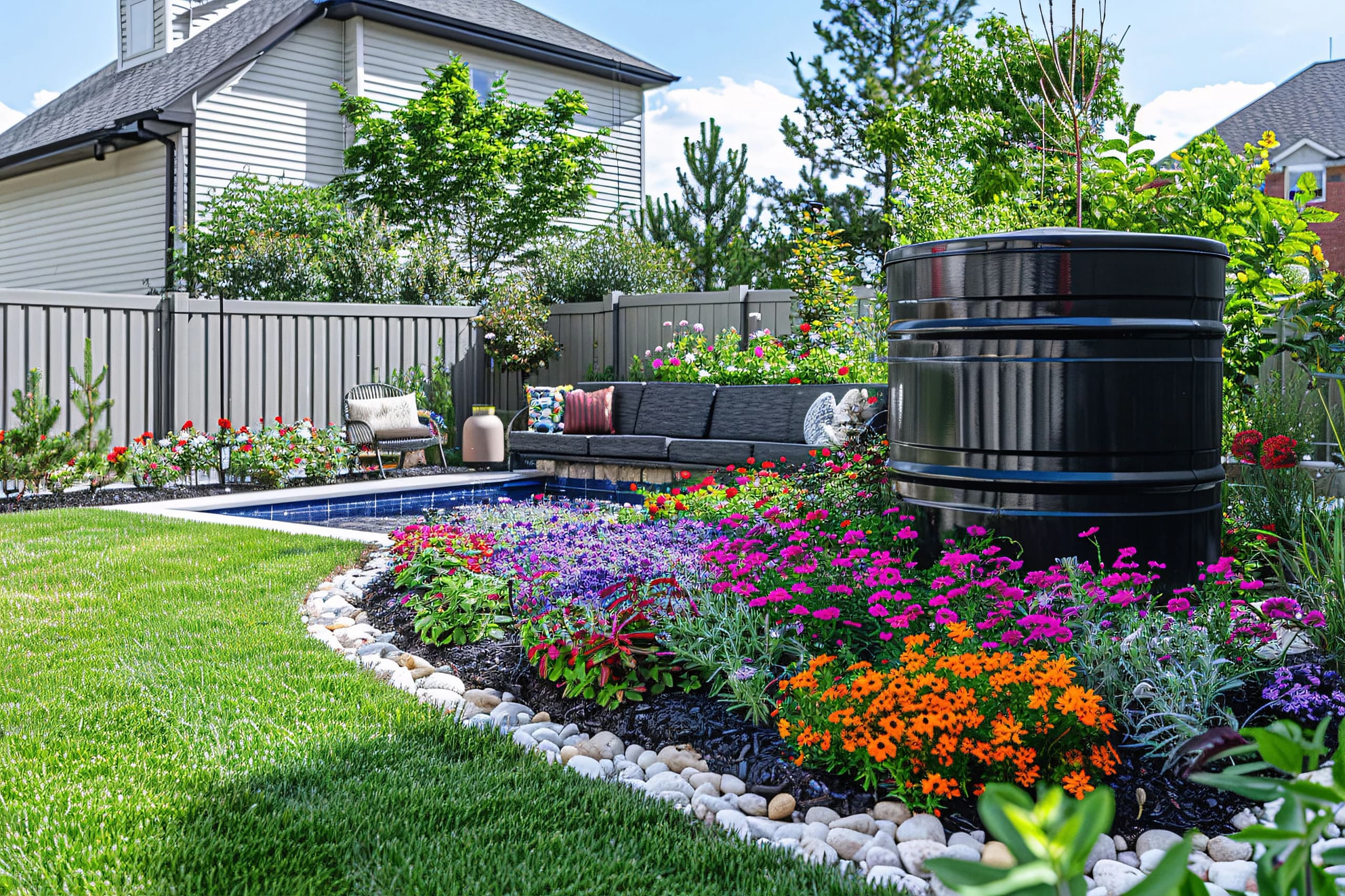 A backyard lawn edged with river rock beside a flowering bed, a patio seating area and a privacy fence
