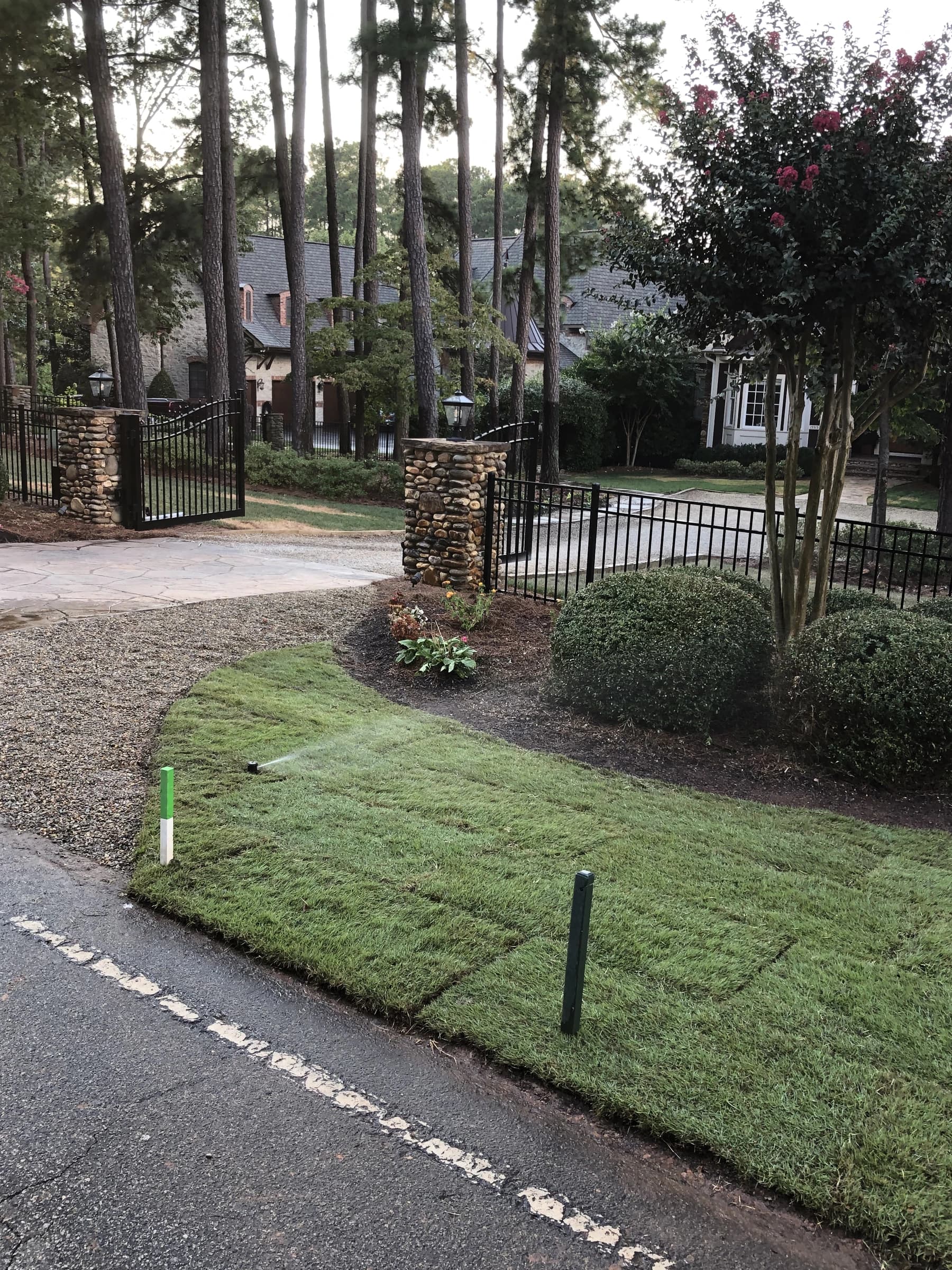 An irrigation head running across newly laid sod at a residential frontage
